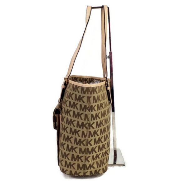 Michael Kors Jet set Signature Pocket MF Tote Brown Khaki Jacquard Leather - Picture 3 of 16